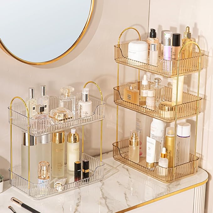 Bathroom Counter Organizer Countertop, 3 Tier Makeup Perfume Shelf Storage, Skincare Cosmetic Tray for Dresser Vanity - Gold