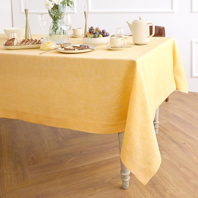 Solino Home Linen Tablecloth 60 x 108 Inch - 100% Pure Linen Chambray Mustard Yellow Table Cloth for Rectangular Tables - Athena, Machine Washable Cloth Tablecloth for Summer