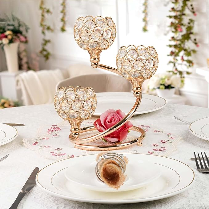 Gold Metal Crystal Candle Holder - Modern 3-Arm Tea Light Centerpiece with Sparkling Crystal Bowl, Elegant Table Decor for Weddings, Anniversaries, Dining & Parties