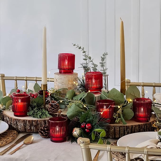 Kate Aspen 12PCS Vintage Ribbed Red Glass Tealight & Votive Candle Holders, Fall Decor, Boho Decor, Shelf Decoration for Wedding, Bachelorette, Bridal Shower & Anniversary