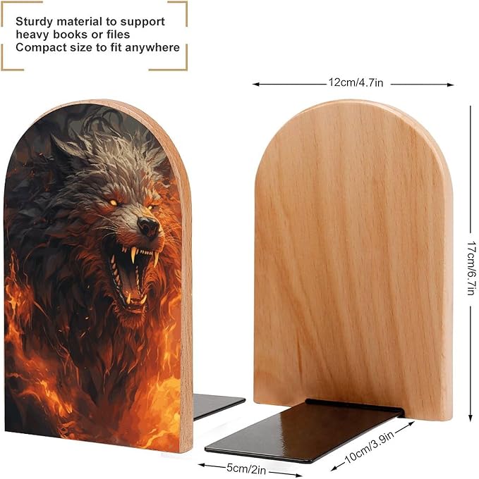 Wild Wolf in The Fire Book Ends Wooden Bookends Non-Skid Metal Base Heavy Duty Book Shelves Decor, Decorative Bookends for Books/CDs Bookshelf Table Home Decor