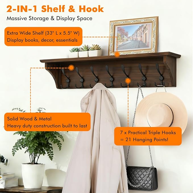 33" Coat Rack with Shelf Wall Mount, Pre-Assembled Solid Wood Coat Hooks with Shelf, Wall Coat Hanger with 7 Metal Triple-Hooks for Hanging Hat,Key,Clothes,Towel, for Entryway,Bedroom,Bathroom,Charred