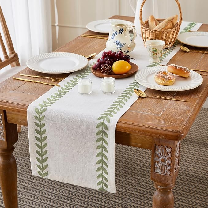 Wracra Embroidered Table Runner Irregular Willow Leaf Table Runners 48 Inches Long for Dresser Home Dining Table Decor,14 x 48 Inch, Light Sage Green