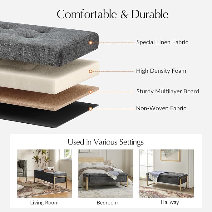 Modern Storage Ottoman Bench with Gold Metal Legs Upholstered Footrest End-of-Bed Bench with Hidden Storage, Hallway and Entryway Charcoal