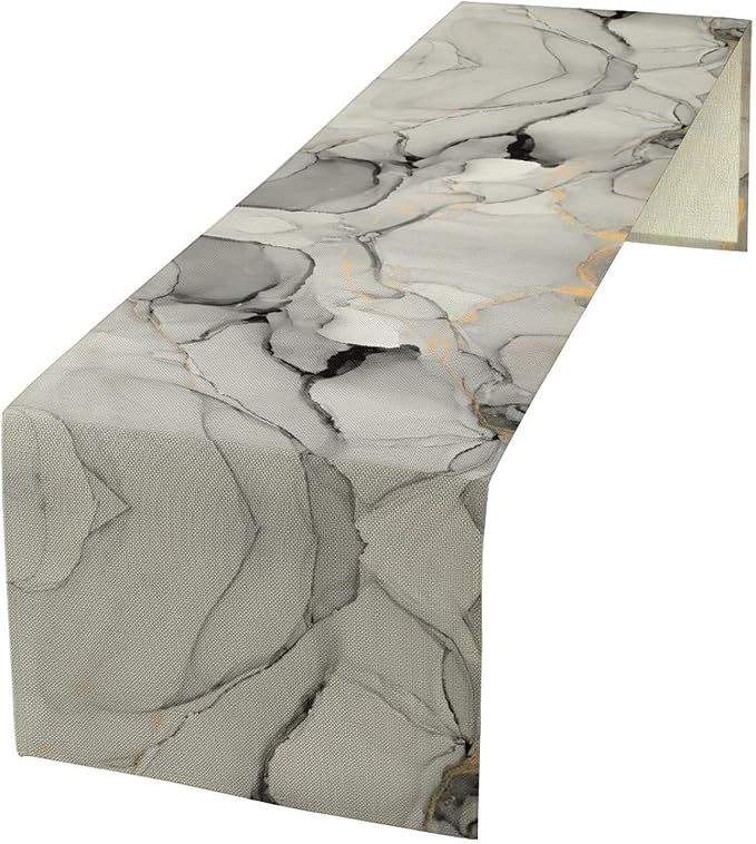 Marble Table Runner, Grey White Cloud Textured Ink Painting Art Table Decoration for Kitchen Dining Party Wedding Home Decor, 13x120 Inch
