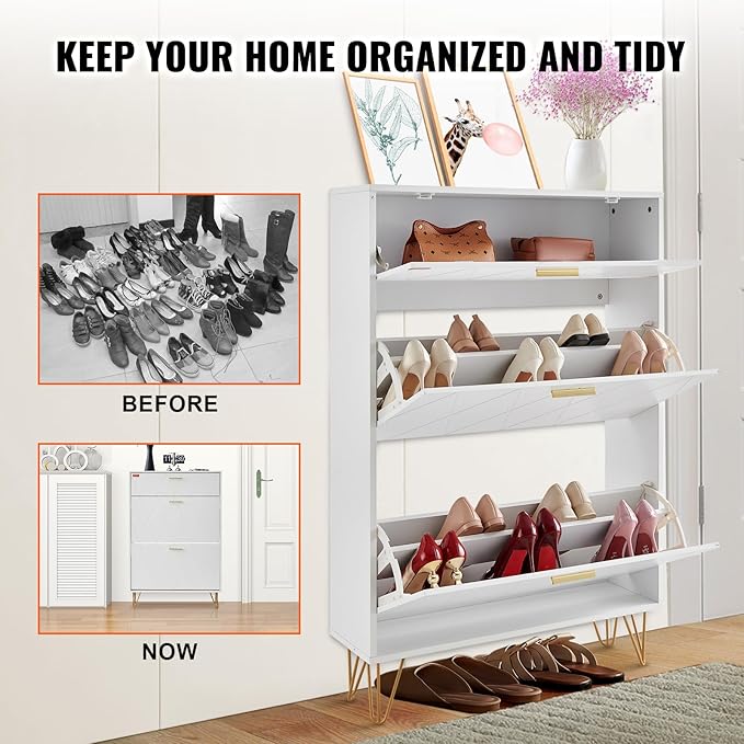 VEVOR Shoe Cabinet with 2 Flip Drawers, Modern Shoes Storage Cabinet with Storage Drawer and Anti-Tipping Device, Freestanding Shoe Organizer Ideas for Entryway, Hallway, Bedroom, Living Room, White