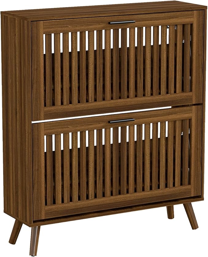 Vibe & Dine Shoe Cabinet with 2 Flip Drawers, Narrow Shoe Rack with Gold Handles, Free Standing Shoe Storage Cabinet for Entryway Slim, Wood Shoe Organizer Cabinet for Hallway, Bedroom, Walnut