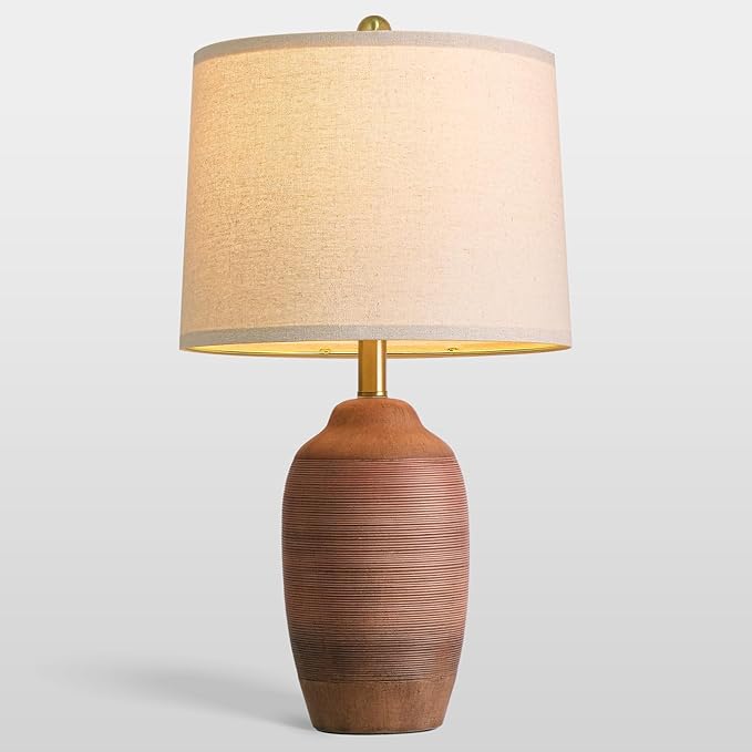 24.5" Single Rustic Terracotta Brown Handcrafted Ceramic Table Lamp 5FT Cord,Farmhouse Vintage Lamp with Linen Drum Shade, Bedside Lamp for Nightstands Bedroom Living Room Entryway,Bulb Not Included
