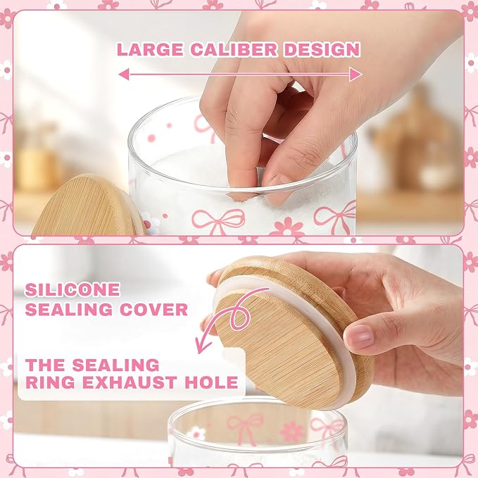 3 Pcs Pink Bow Christian Glass Storage Jars with Airtight Lids Pink Bow Candy Cookie Jars Gift Christian Bible Verse Kitchen Canister Gifts for Women Cute Coquette Religious Kitchen Containers