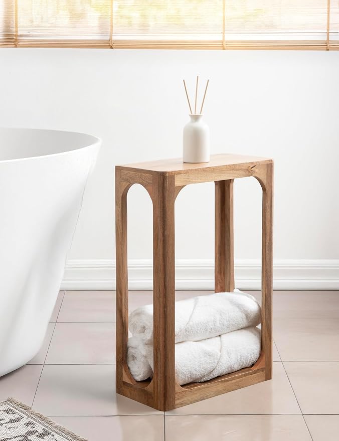 Kate and Laurel Dahl Modern Slatted Wooden Slim Side Table, 16 x 8 x 24, Natural Wood, Transitional Wood Narrow End Table for Use as Living Room Plant Stand or Small Bedroom Nightstand