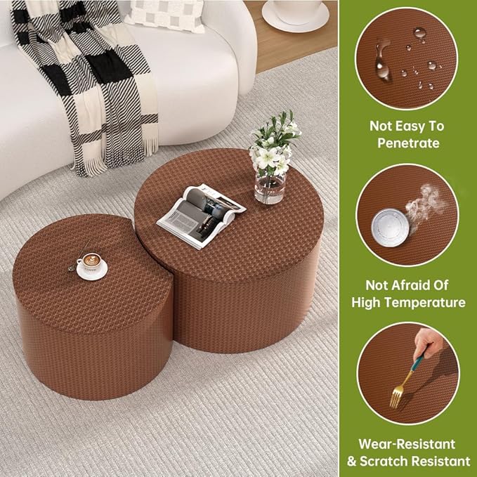Round Nesting Coffee Table Set of 2 Modern Round Walnut Coffee Table Small Circular End Table Side Table Coffee Tables Circle Nested Coffee Tables for Living Room (Brown A Large)