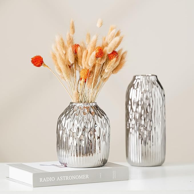 White Ceramic Flower Vase Set of 2, Porcelain Cylindrical Dried Flowers Holder, Decorating for Drawing Room/Table/Study/Office Entryway, Modern Simple Boho Style (Silvery)