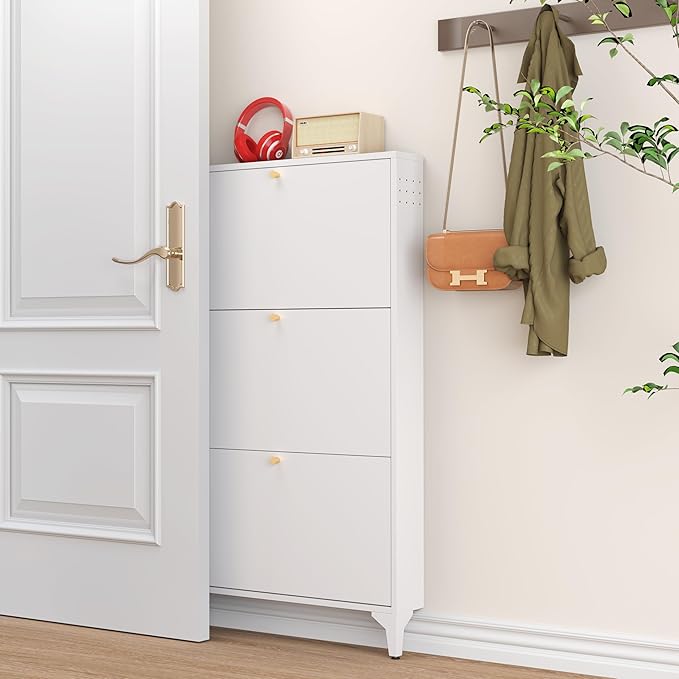 Shoe Storage Cabinet with 3 Flip Drawers, Freestanding Hidden Slim Narrow Shoe Rack Cabinet for Entryway, Metal Modern Shoe Cabinets for Foyer, Front Door,Living Room,Hallway, White