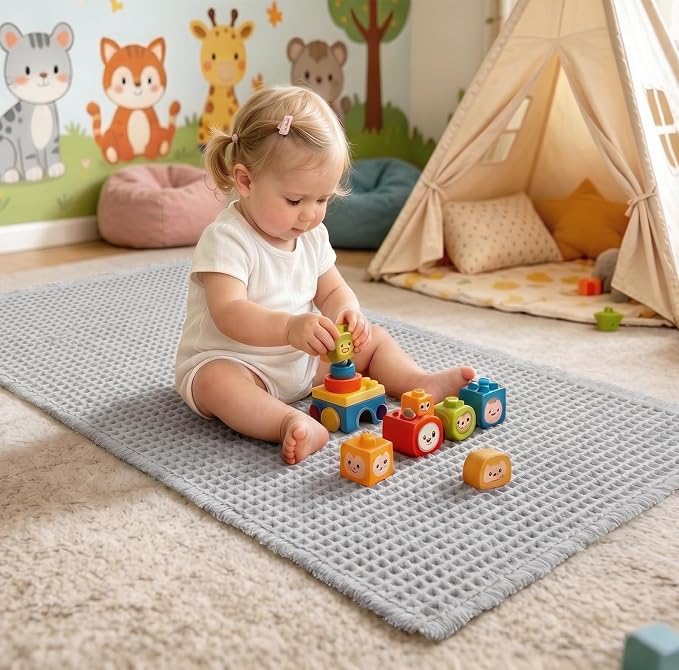 ILANGO Upgraded Waffle Bath Mat,Super Absorbent Boho Non Slip Bathroom Rugs Quick Dry,Ultra Soft Machine Washable Mats with Tassels for Floor,20x32,Light Grey