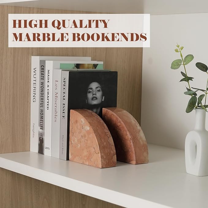 Karibiber Marble Bookend for Shelves, Non-Skid Bookends for Heavy Books, Heavy Duty Book Stopper for CDs, Luxury Book Shelf Holder, Quarter Circle Design Book Ends Decorative, Perlino Rosato, Set of 2