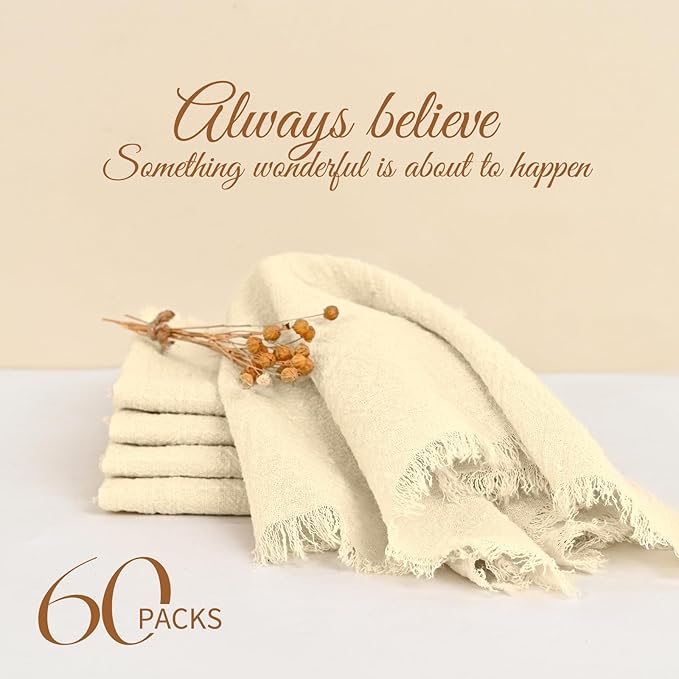 60 Packs Beige Napkins 16x16 Inch, Cotton Linen Handmade Cloth Napkins Bulk with Fringe - Soft Rustic Boho Napkins for Wedding, Party, Christmas Event Dinner Birthday Table Decor