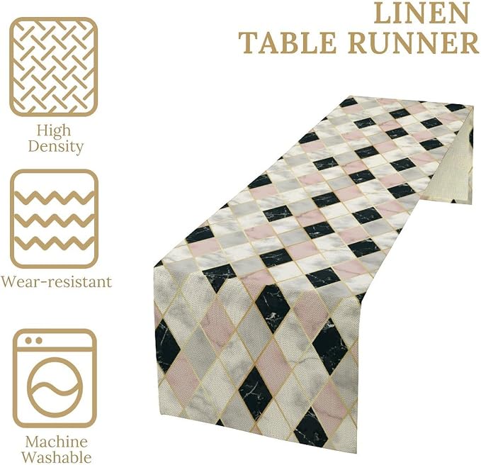Marble Table Runner,Pink Black White Gold Geometric Diagonal Marble Pattern Table Runner for Coffee Table Dining Room Table Bedroom Party Holiday Decor 13x72inch