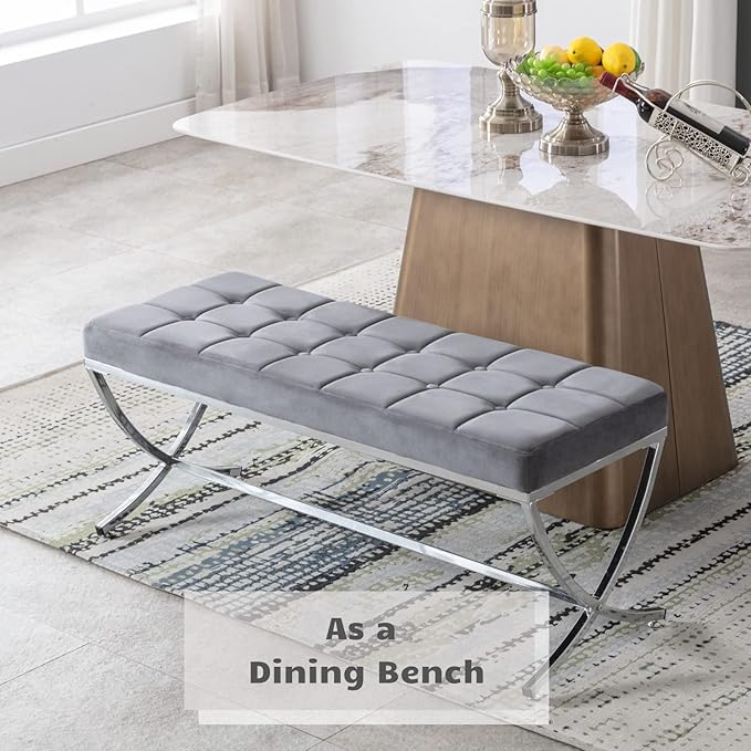 HEAH-YO Modern Dining Bench for Table, Button Tufted Ottoman Bench with Metal Legs, Upholstered Velvet Fabric Footstool for Living Room Entryway, Grey