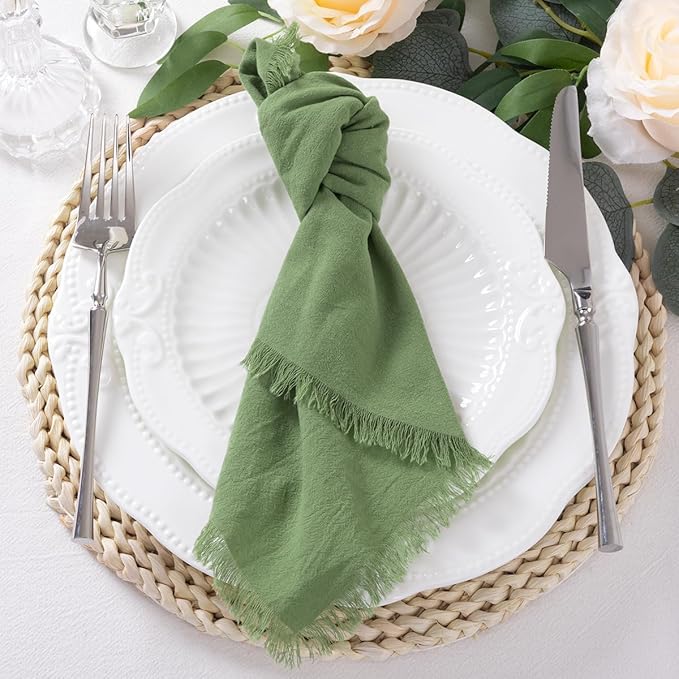 DeZerlor 6 Pack Sage Green Cotton Linen Napkins with Fringe Summer Cloth Napkins Set of 6 Boho Handmade Dinner Napkins Bulk for Wedding Bridal Baby Shower Parties, 17 x 17 Inches