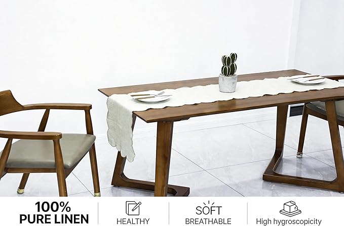 100% Natural Linen Rustic Scalloped Embroidery Table Runner 48 Inches, Linen Table Runner 14 x 48 Inch Ideal for Dresser and Dining Tables Decor, 2-4 Sets, Linen(Edges-Gold)