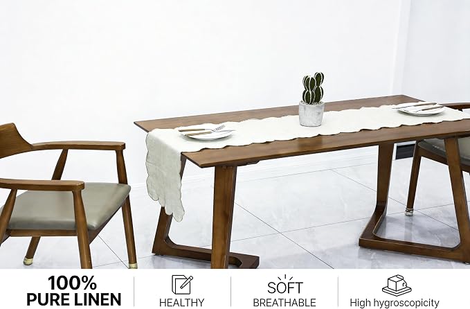 100% Natural Linen Rustic Scalloped Embroidery Table Runner 108 Inches Long, Linen Table Runner 14 x 108 Inch for Dresser and Dining Tables Decor, 8-10 Sets, Linen(Edges-Gold)