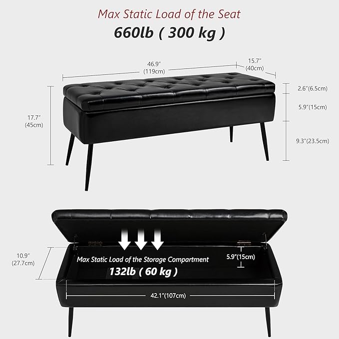 kinmars Leather Storage Ottoman Bench,End of Bed Bench for Living Room Bedroom Dinning Room Entryway,Mid-Century Modern, with Steel Legs,Safety Hinges, Loads 660 lb (with Button, Black)