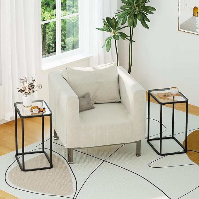 Glass Side Table Two Set, Rectangle 2PCS End Table with Metal Frame, Modern Bedside Table for Office, Bedroom, Living Room, Study,Small Spaces,Easy Assembly,15.75 * 11.81 * 20.87 Inches,Black,2PCS