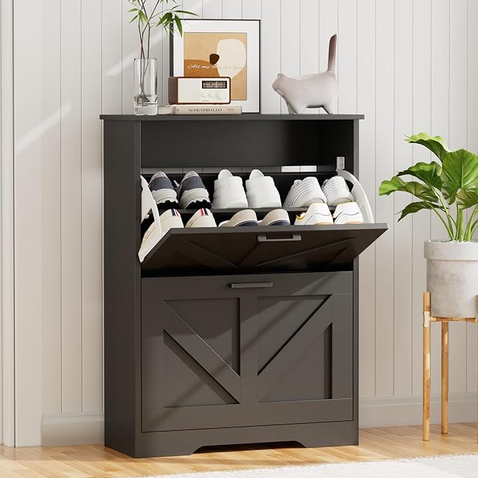 Homleke Farmhouse Shoe Cabinet for Entryway with Barn-Style Flip Drawers, Narrow Shoe Storage Organizer with Top Display Shelf, Adjustable Shelves, Shoe Rack for Hallway, Closet- (Black, 24")