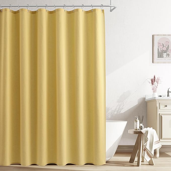 Naturoom Yellow Linen Shower Curtain, Country Boho Farmhouse Bath Decor Shower Curtains Neutral Cloth Weighted Textured Fabric Bath Curtain Liner with Hooks, 72x78