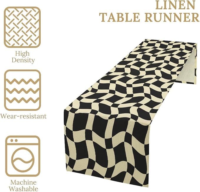 Retro Checkered Table Runner 60s 70s Vintage Twisted Black White Groovy Trendy Wavy Hippie Grid Dinner Runner for Home Kitchen Dining Table Party Holiday Decor 13"x90"