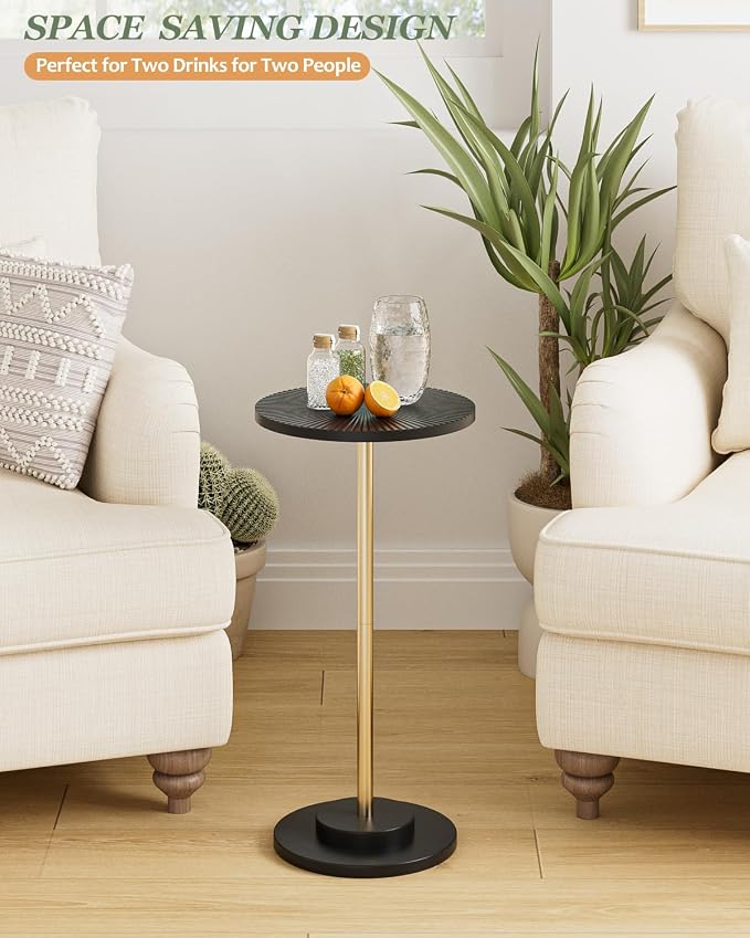 Round Side Table, Small Drink Table for Small Spaces, Modern Accent End Table with Metal Leg for Living Room, Bedroom, Corners, and Office (Black Gold)