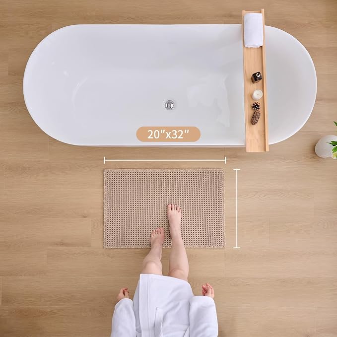 ILANGO Upgraded Waffle Bath Mat,Super Absorbent Boho Non Slip Bathroom Rugs Quick Dry,Ultra Soft Machine Washable Mats with Tassels for Floor,20x32,Khaki