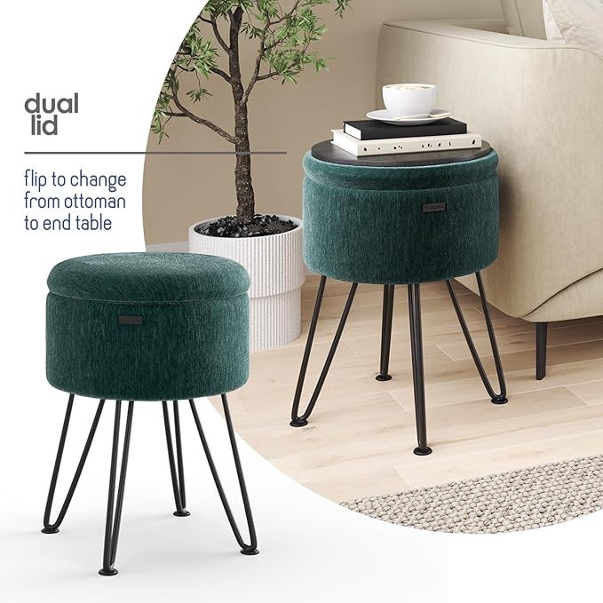 Round Ottoman with Storage, Textured Velvet Storage Ottoman, Foot Stool Ottomans, Makeup Vanity Stool, Small Ottomans Foot Rest, Modern Vanity Stools for Living Room and Bedroom, Green