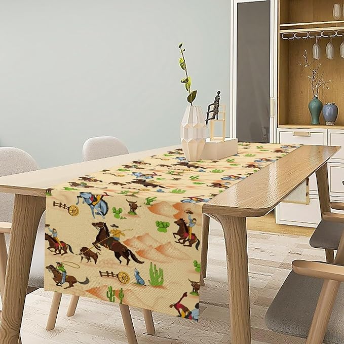 Western Table Runner, Cartoon Cowboy Horse Desert Adventure Rodeo Fun Table Runner for Kitchen Dining Party Picnic Decor, 13x70 Inch
