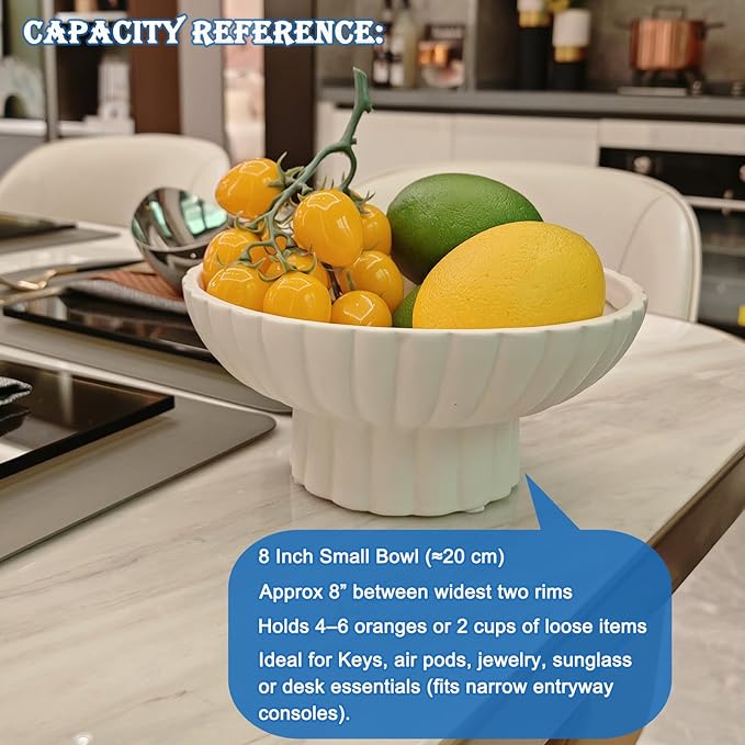 Small Modern Pedestal Decor Fruit Bowl 8" Ceramic,Approx 26 oz Fluted Catch-all Bowl,Footed Home Decorative Bowl for Home Decor,Coffee Table Centerpiece
