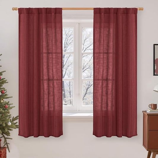 LAMIT Burgundy Red Semi Sheer Window Linen Curtains 63 Inch Length, Light Filtering Panels Back Tab and Rod Pocket Christmas Decor Drapes for Bedroom/Living Room, 2 Panels, 34 x 63 Inch