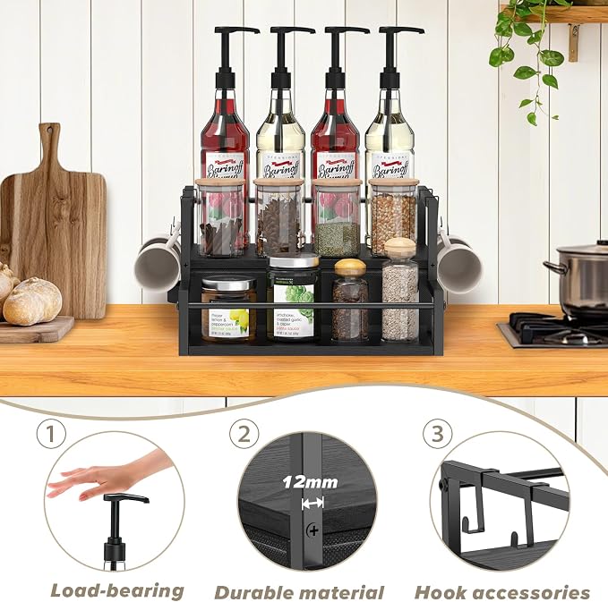 Coffee Syrup Organizer for Countertop, 2-Tier Coffee Bar Organizer with K Cup Storage Drawer, Syrup Rack Station for Accessories, Table Holder Stand for Wine,Tea,Condiment (Classic Black)