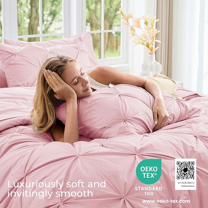 Sasttie Queen Comforter Set, 7-Piece Bed in a Bag, Pintuck Bedding Set for All Season, Includes Comforter, Flat Sheet, Fitted Sheet, Pillowcases and Pillowshams, Baby Pink