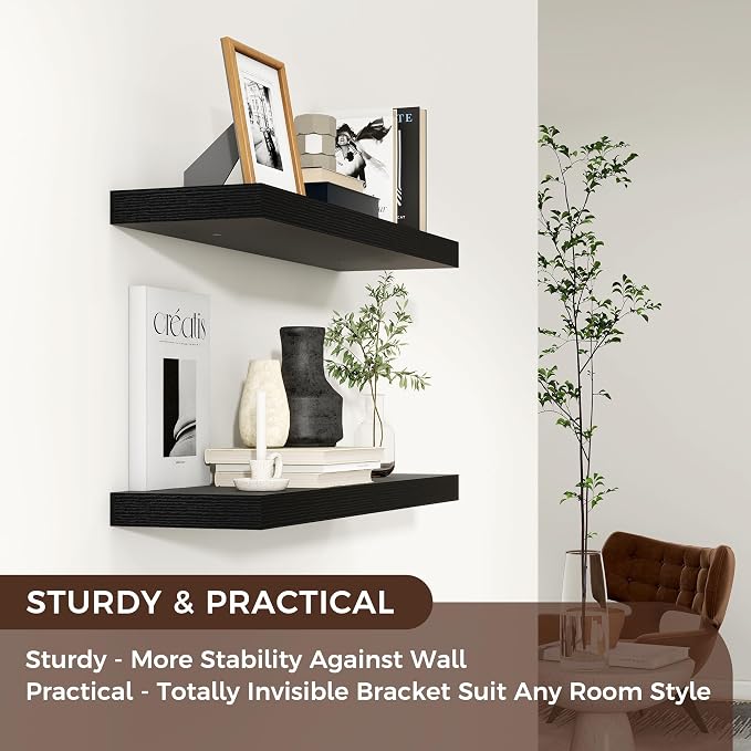 Venusmiles Floating Shelves for Wall 24 inch Long, Engineered Wood Wall Shelves with Invisible Brackets for Living Room Bedroom Bathroom Office Kitchen Decor and Storage, Black Finish, Set of 2