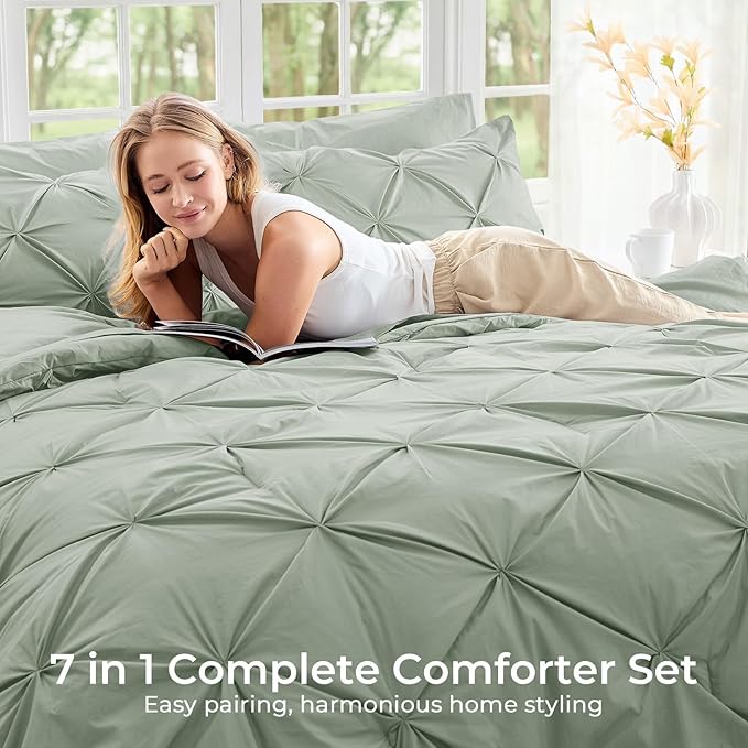 Sasttie King Size Comforter Set, 7-Piece Bed in a Bag, Pintuck Bedding Sets for All Season, Includes Comforter, Flat Sheet, Fitted Sheet, Pillowcases and Pillowshams, Dusty Green