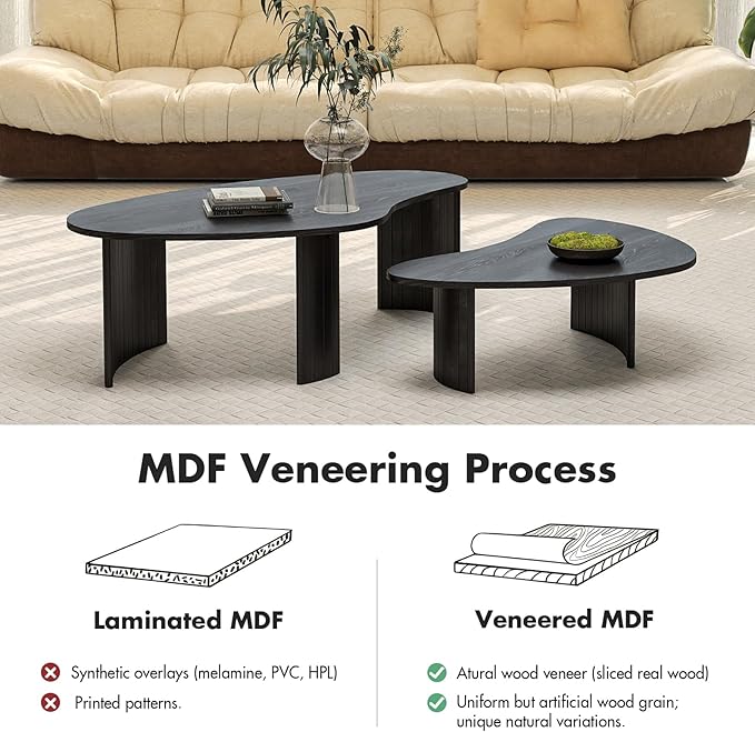 Black Coffee Table Set of 2, Nesting Coffee Tables with Wood Grain Veener, Simple Modern Cloud Shaped Center Table for Living Room