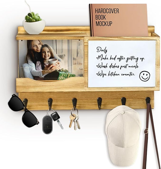 Entryway Mail Key Organizer with Built-in Magnetic Acrylic Photo Frame and Included Whiteboard, Wall-Mounted Leash Rack, 6 Hooks, 15 x 9.5 Inches, Solid Wood, Natural Brown