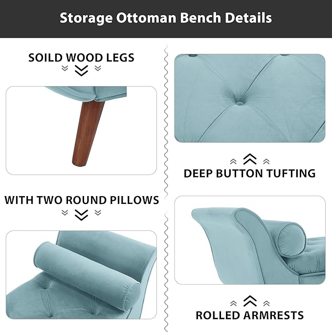65" Velvet Storage Bench, Vintage Bed Bench with Storage Upholstered Rolled Armed Button Tufted Entryway Bench for Bedroom End of Bed, Living Room, Entryway, Hallway, Dressing Room (Blue)