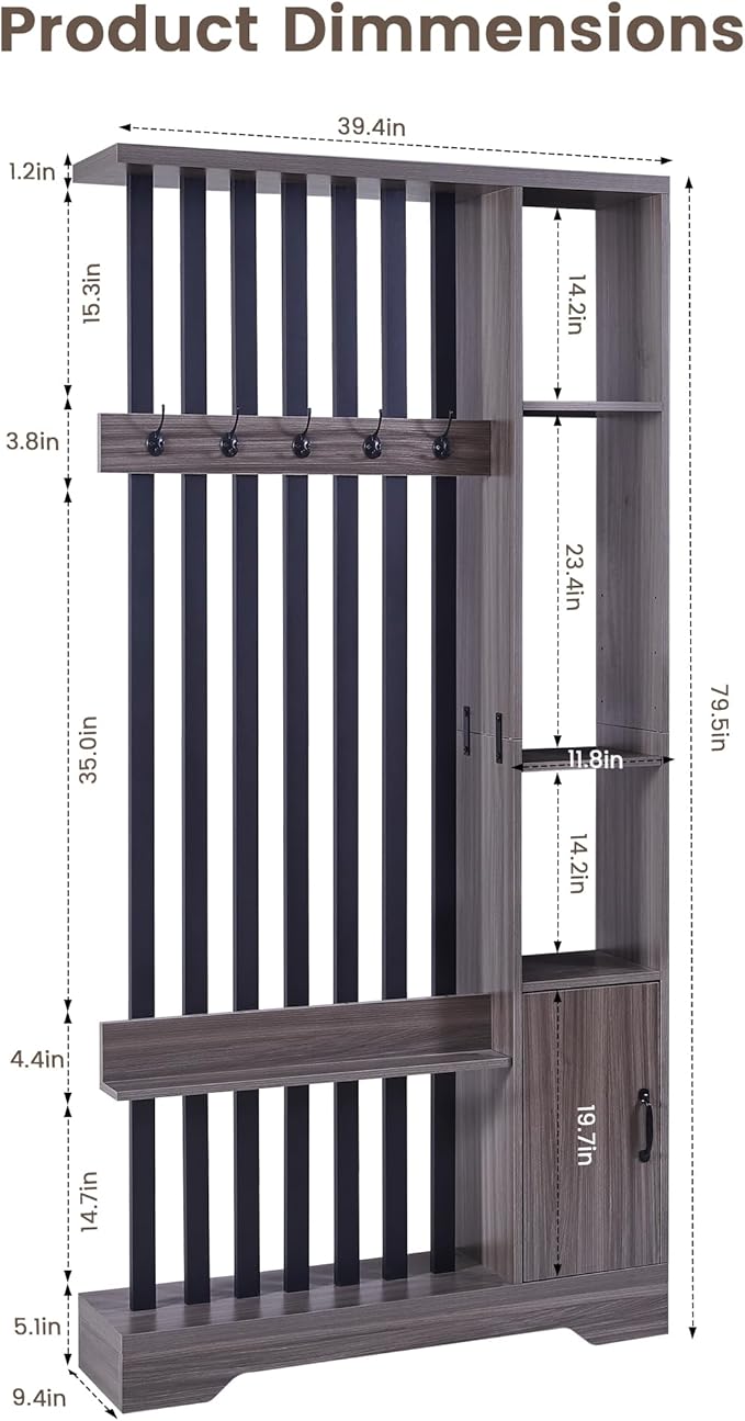 Room Divider with Shelves, Wall Room Divider Bookshelf, Freestanding Wood Privacy Screen with Storage Cabinet, Coat Rack, Display Shelf for Living Room Separation, Home Office Decorative (Grey)
