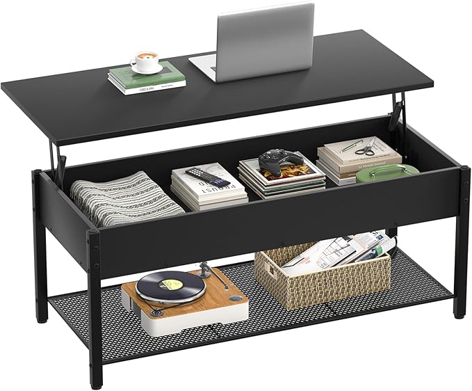 Homieasy 41.7" Lift Top Coffee Table for Living Room, Wood Center Table with Hidden Compartment and Storage Shelf, Modern Rising Tabletop Desk for Small Space, Black