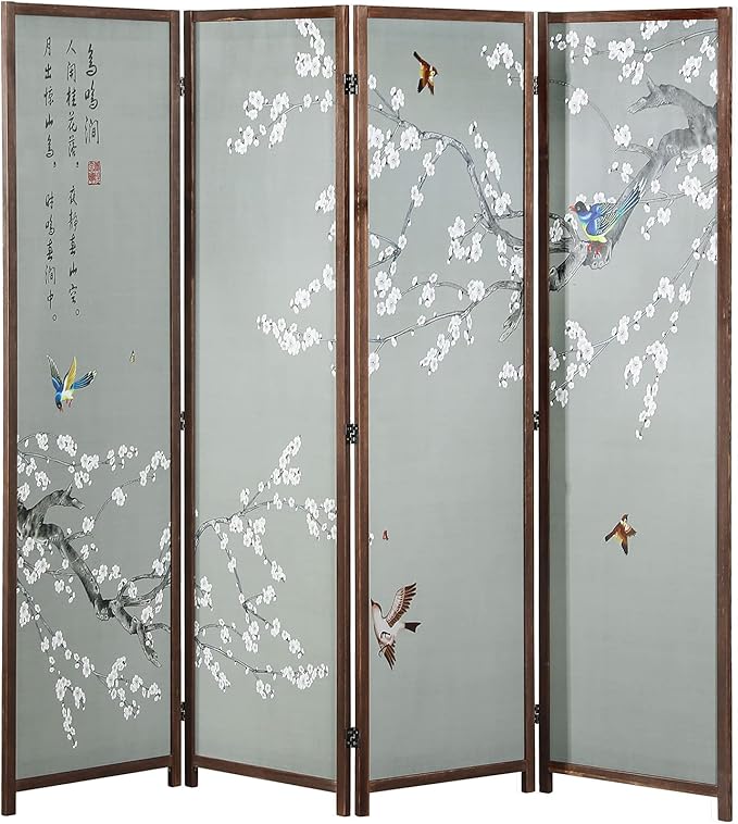 MyGift 4-Panel Asian-Inspired Folding Room Divider with Cherry Blossom Tree & Bird Design Poetry Calligraphy and Brown Wooden Frame 78''W x 70.5''H(6FT)