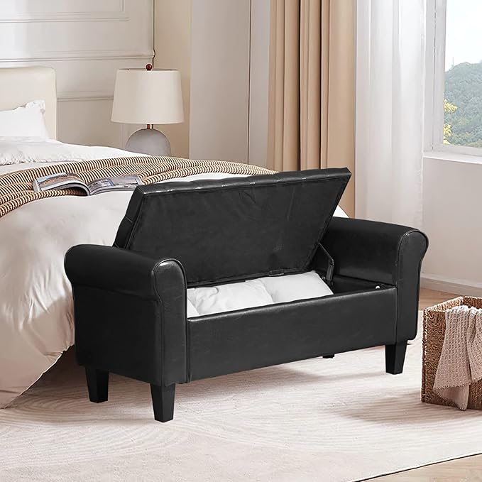 ECOTOUGE Storage Bench for Bedroom, Rolled Arm Ottoman, Rectangular Leather Upholstered Footrest for Living Room, Black