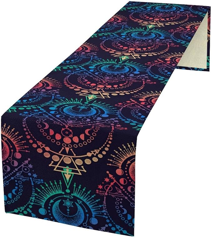 Magic Astrology Table Runner, Colorful Mystical Celestial Moon Star Boho Zodiac Table Runner for Kitchen Dining Picnic Party Wedding Decor, 13x120 Inch