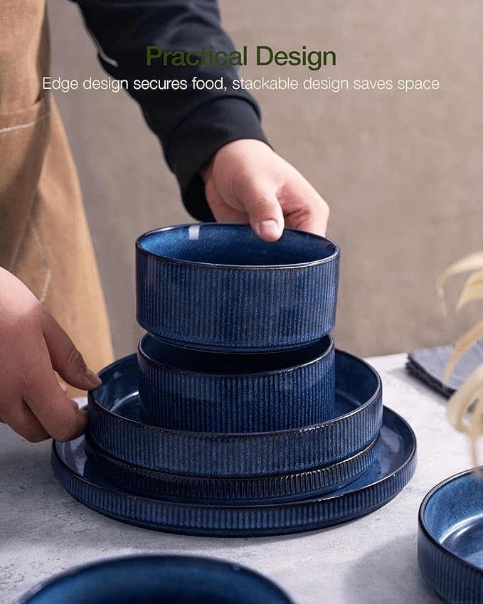 Famiware Star 24-Piece Plates and Bowls Set with Trim, Service for 8 - Stoneware Reactive Glaze Dinnerware, High Edge Ribbed Dishes, Chip & Scratch Resistant, Microwave & Dishwasher Safe, Nebulas Blue