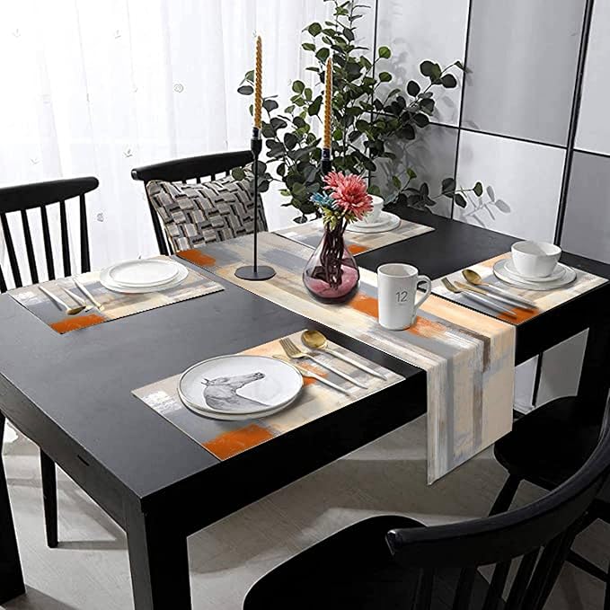 Orange and Grey Table Runner and Place Mats Set of 6 Abstract Modern Table Runners and Placemats Burnt Orange Dining Mat Sets Washable Vintage Tabletop Home Decorations 70 Inches Long